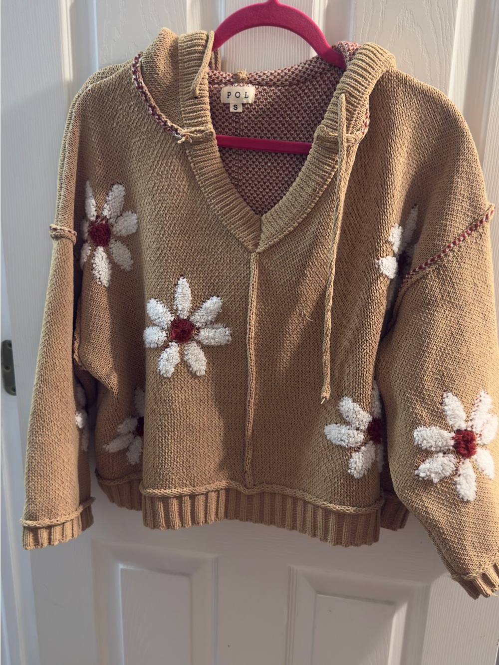 NWOT POL Floral Knit Hooded Sweater in Camel